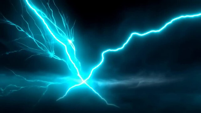 Slow motion static shot of electric lightning bolt expanding and branching across storm clouds in dark night sky over thunderhead atmosphere