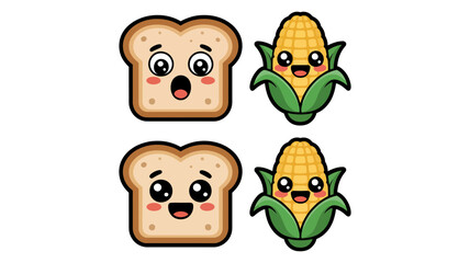 Fototapeta premium Cute kawaii toast and corn characters with happy and surprised expressions cute food character