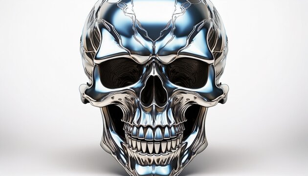 symmetrical chrome skull with toothy grin on white background
