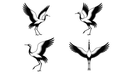 Fototapeta premium Four black silhouettes of cranes in various poses flight and standing silhouette standing