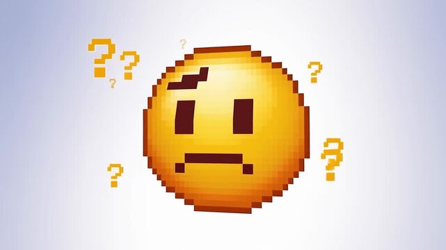 Slow zoom in on pixelated confused emoji with floating question marks on minimal gradient background, centered with subtle rotation and scaling motion