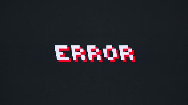 Static shot of pixelated error text jittering and glitching across dark centered screen in minimal digital studio retro 8 bit typography shifting and flickering