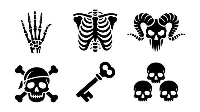 Collection of macabre icons: skeleton hand ribcage ram skull and crossbones key skulls with skeleton