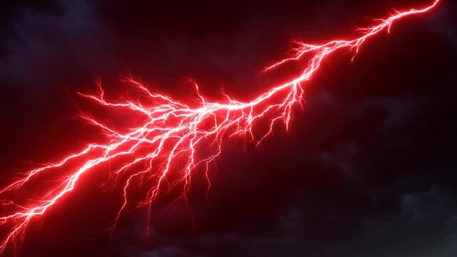 Slow motion tracking shot of red lightning bolt arcing and branching across storm clouds in dark night sky