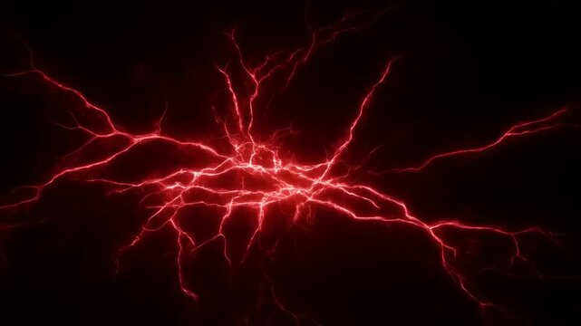 Zoom out tracking shot of red electric lightning arcs expanding and branching across dark void background revealing plasma energy patterns