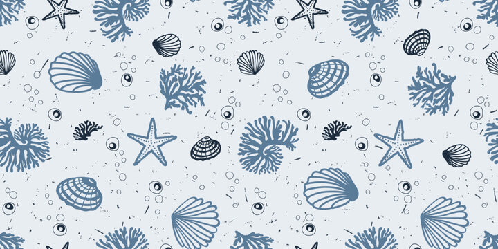Seamless vector pattern with blue sea shells and starfish on light background, nautical summer ocean texture in dusty blue tones.
