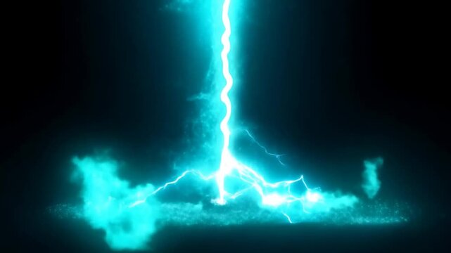 Slow motion static shot of lightning bolt striking ground with electric discharge and glowing plasma impact in dark night environment