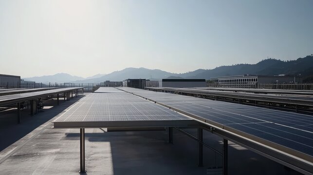 Solar panels covering a wide rooftop convert sunlight into electricity, symbolizing renewable energy and sustainable business practices with mountain peaks in the background