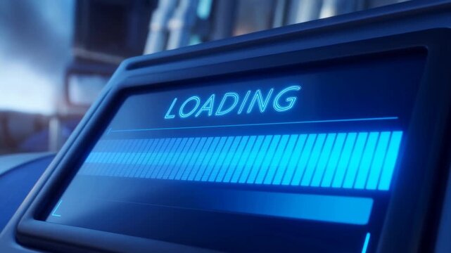 Tracking push of device screen showing loading progress bar advancing on futuristic control panel inside vehicle cockpit console with glowing blue backlit display