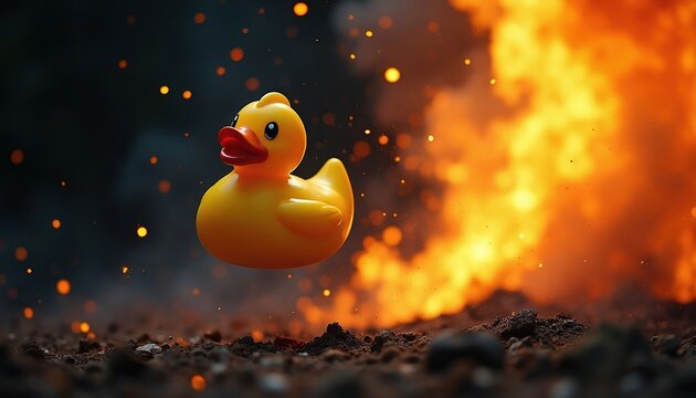 Yellow rubber duck floats mid air. Huge orange fire explosion erupts behind duck. Sparks fly and debris scatters around scene. Dark background contrasts bright flames.