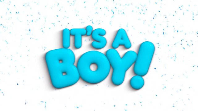 Slow motion zoom in of blue its a boy text with falling confetti on white background for baby shower celebration studio