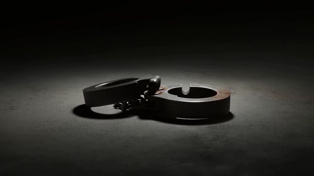 Slow dolly tracking shot of metal handcuffs resting and opening on concrete studio surface with low key dramatic lighting