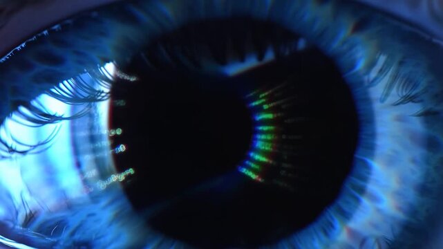 Extreme close up tracking shot of human eye reacting to bright light with pupil dilation in studio lab setting
