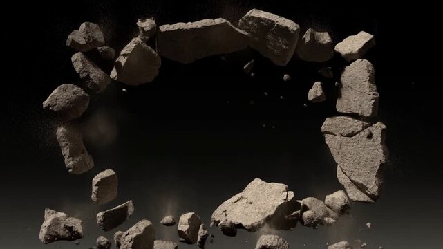 Slow motion static shot of stone arch collapsing with falling rubble and dust in dark studio background