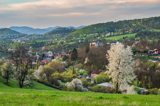 View of the historic Dolna Micina Castle surrounded by blooming spring trees and rolling green hills in Dolna Micina, Banska Bystrica Region, Slovakia.