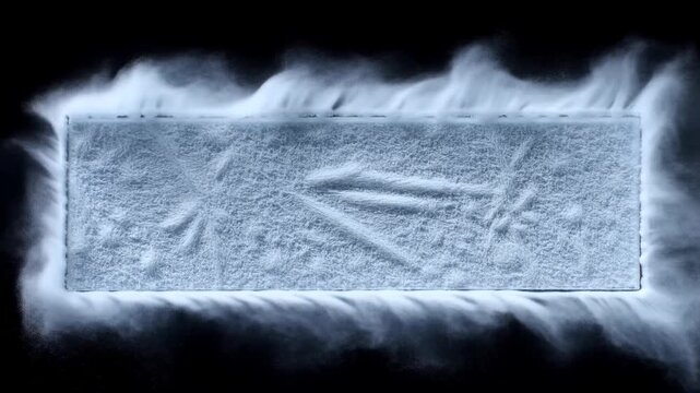 Slow motion top down view of rectangular tray with powder being blown forming drifting plumes along edges in dark studio