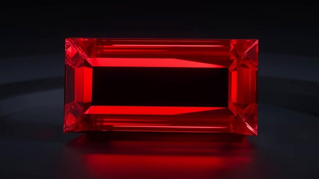Slow rotation close up of rectangular red gemstone reflecting light on dark reflective surface in studio tabletop setting