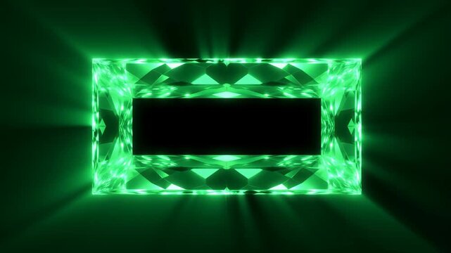 Slow motion static shot of emerald gemstone rectangle shimmering and radiating light with faceted reflections in dark studio background