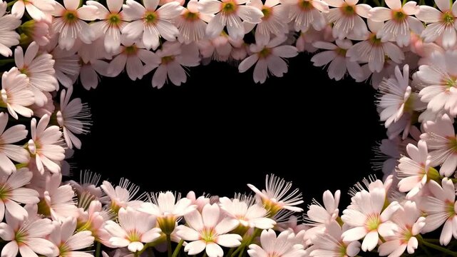 Time lapse push in of cherry blossom flowers blooming and unfurling petals to form border around black background in studio closeup vignette