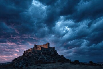Obraz premium Medieval Castle Amidst Stormy Clouds at Twilight