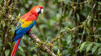 Obraz premium Scarlet macaw perched on branch in tropical rainforest