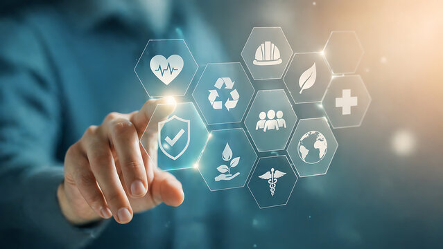 Business person pushing virtual glowing hexagon shield button showing sustainability icons to celebrate world day for safety and health at work and corporate environmental responsibility