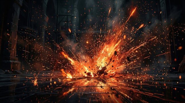 Abstract High Energy Spark Blast on Dark Reflective Surface