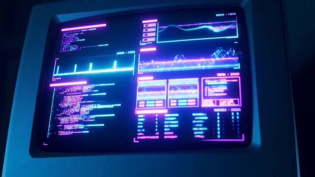 Panning shot of retro computer monitor displaying animated code and data graphs on control room console with neon blue pink glow in cyberpunk lab at night