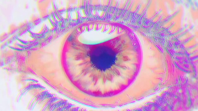Slow motion macro zoom of eye showing pupil dilation and chromatic color shift with subtle blinking and focus change in studio close up lighting setup