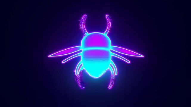 Static looping shot of neon hologram beetle pulsing and glitching with scanline distortion on dark studio background centered symmetrical composition