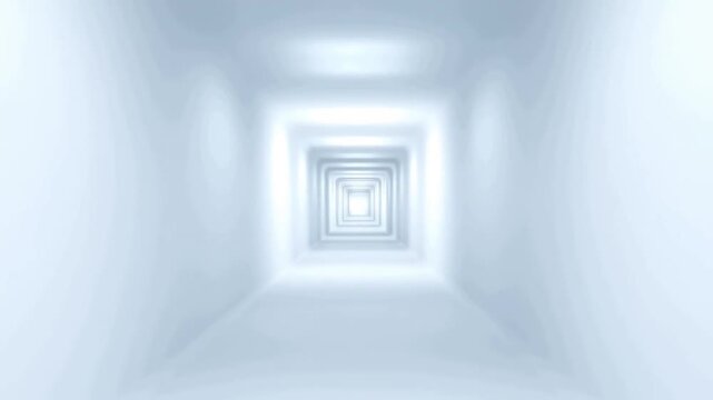 Tracking shot of geometric tunnel advancing through repeating square frames in white minimalist interior corridor with soft blue diffuse lighting
