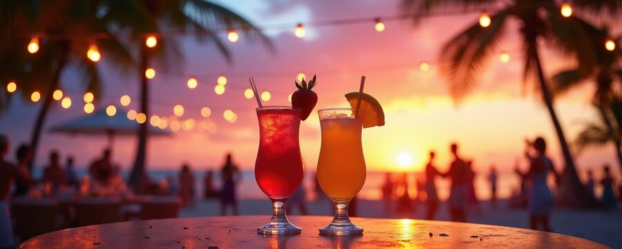Tropical beach bar at sunset offers two colorful cocktails on a table. Palm trees and string lights create festive atmosphere. People dance and socialize by the ocean shore.