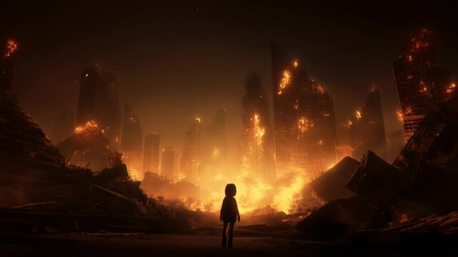 Slow dolly in of lone child standing facing burning ruined city skyline amid rubble and towering collapsed buildings with flames at night