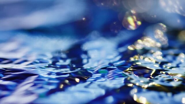 Macro slow motion tracking shot of shimmering water surface with bokeh highlights and ripples on studio tabletop close up