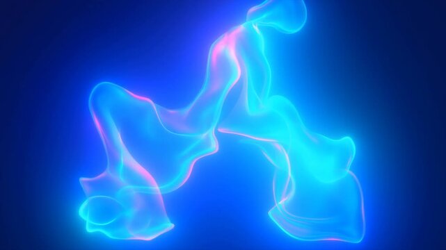 Slow motion abstract light ribbons morphing and flowing in dark studio background, glowing neon blue and pink luminous shapes and forms