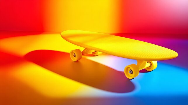 skateboard. A vibrant yellow skateboard captured at a dynamic angle on a gradient background. event key visuals, club posters, designed for sports event promotions and stadium branding.
