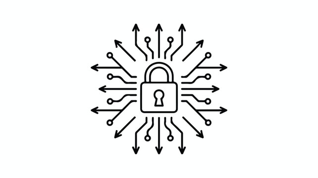Padlock icon with multiple arrows indicating secure data protection and network security