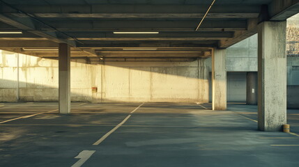 Naklejka premium Large empty parking garage with reinforced concrete pillars, beams, and walls, featuring floor markings and dramatic sunlight entering an urban structure