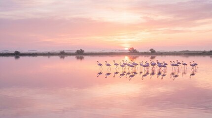 Naklejka premium Flamingos reflected in pink water at sunrise, dreamy atmosphere, minimal composition