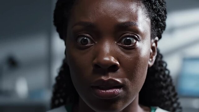 Shocked And Stressed Expression Of An African American Woman In A Medical Setting
