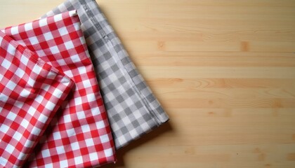 Obraz premium Two checkered napkins, red and grey, lay on a light wood table. Plenty of blank space for text or graphics. Perfect for recipes or kitchen themes.