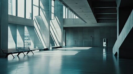 Naklejka premium Minimalist concrete architecture with large windows illuminating diagonal shadows across a vast empty hall, highlighting the clean lines and simple design of the modern public space