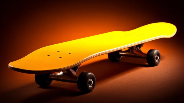 skateboard. A vibrant yellow skateboard captured at a dynamic angle on a gradient background. event key visuals, club posters, designed for sports event promotions and stadium branding.
