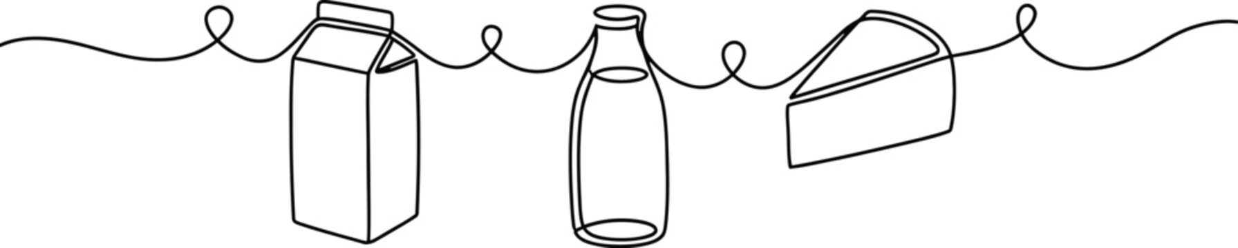 Dairy product icons string line art milk bottle carton cheese for food packaging design