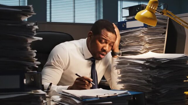 Stressed Businessman Overwhelmed By Paperwork and Facing Work Pressure in Office Setting
