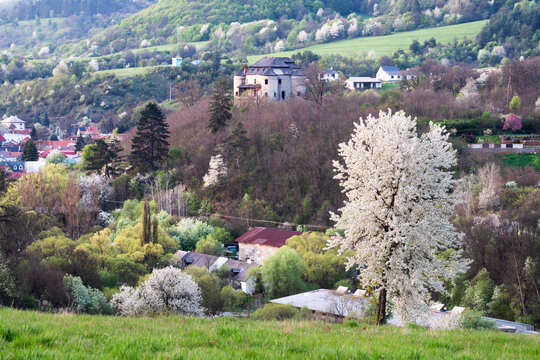 View of the historic Dolna Micina manor house standing on a wooded hill surrounded by blooming trees and green spring hills in Dolna Micina, Banska Bystrica Region, Slovakia.