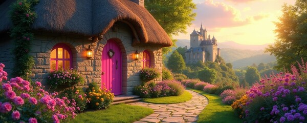 Fototapeta premium Storybook cottage with stone walls and thatched roof sits amid blooming garden. A castle rests on distant hill under sunset sky. Rich green landscape surrounds idyllic dwelling.