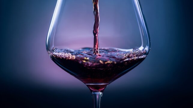 pouring. An elegant crystal wine glass with rich red liquid, captured from an overhead angle. bar promotions, beverage menus, designed for food & beverage menus and cafe branding.
