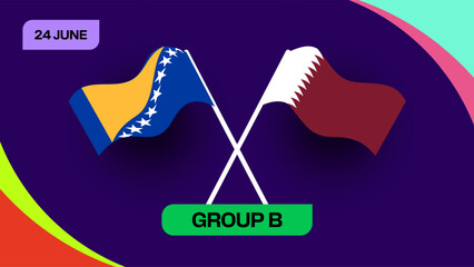 Bosnia and Herzegovina vs Qatar Football 2026 match announcement design. Group B football 2026 tournament event banner. © lunarts_studio