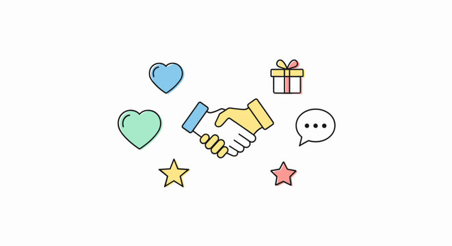 Illustration of a handshake symbolizing partnership, surrounded by icons of hearts, stars, a gift box, and a speech bubble, representing positive relationships and communication.